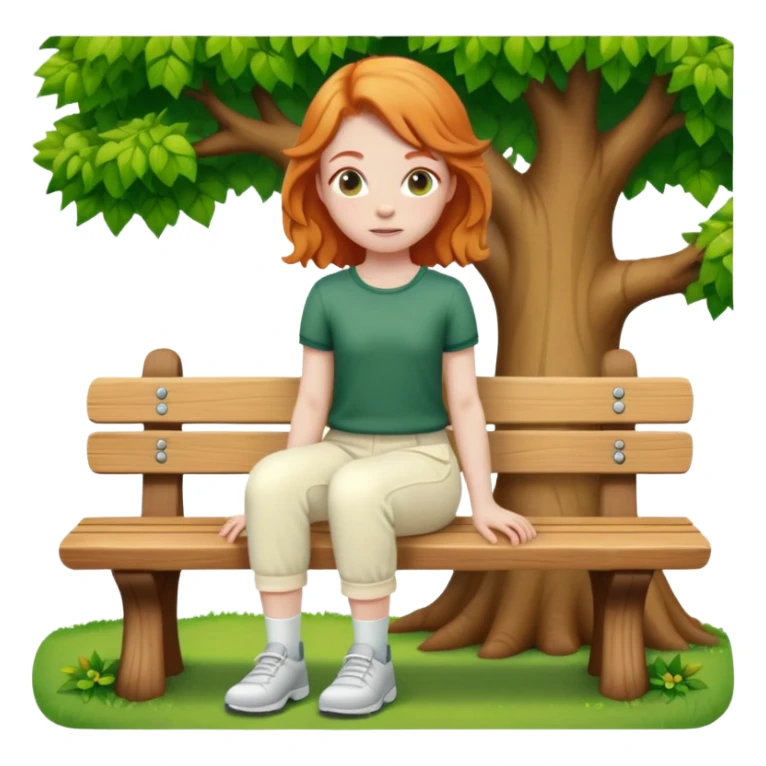 Green oak trees ginger girl sitting on bench wearing cream pants sticker
