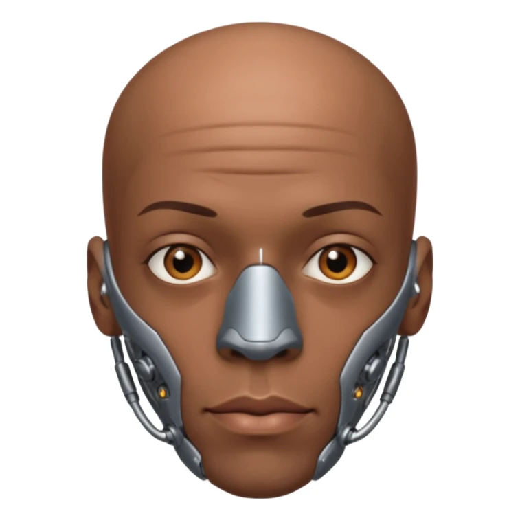 bald black man, vertical half of his face fully covered in cyborg augmentations sticker