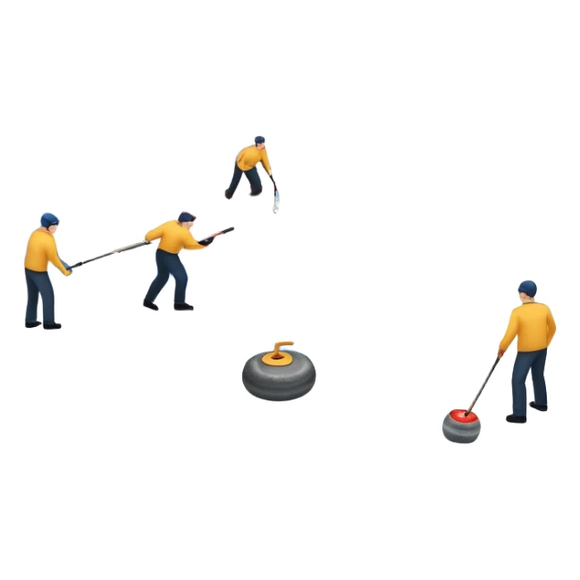An icon showing a curling match on an indoor ice stadium, with a polished curling stone gliding toward the target and players sweeping. Spectators watch from stands, and flags hang above the rink. Transparent background highlights strategy and focus in the sport of curling. sticker