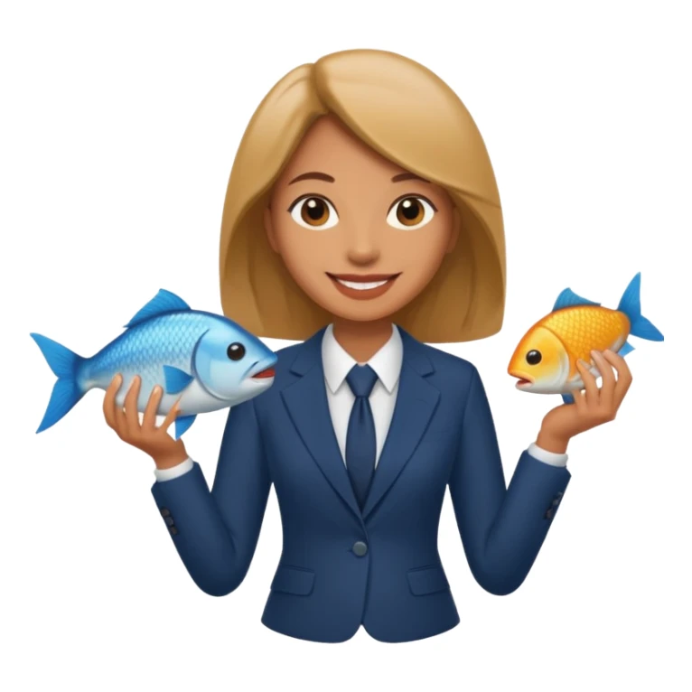 Woman in a suit holding a fish sticker