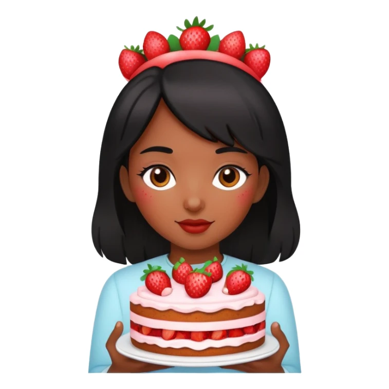 Beautiful black-haired girl holding a strawberry cake sticker