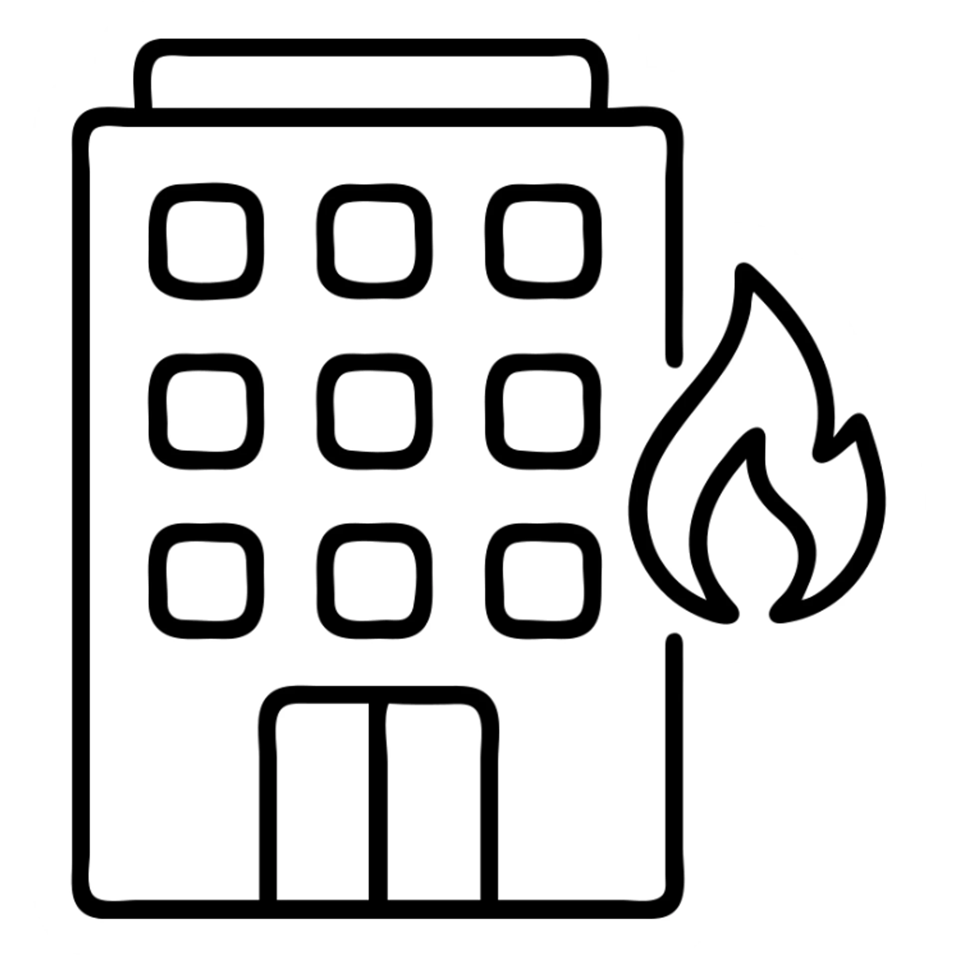 fire hotel, black outlined icon style, clean and modern sticker