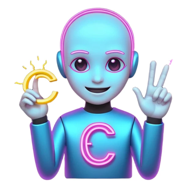 Tiny smiling cyber creature made of neon lines, holding a small glowing C symbol, with little sparks around it. sticker