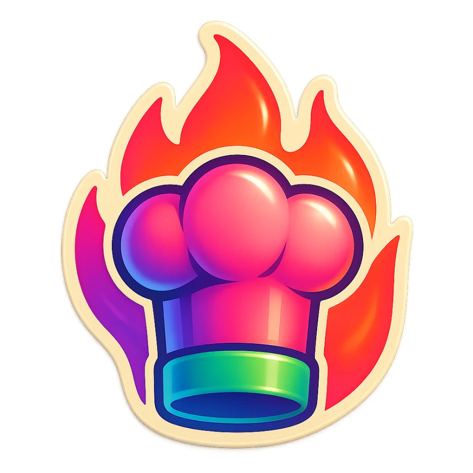 chef's hat in fire emoji, playful and modern with gradient FF4D67, 9D34FF, 10B981 gradient, vibrant, transparent background sticker