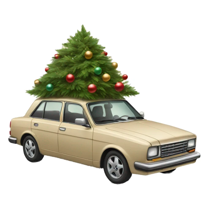 A beige nostalgic car with a christmas tree on the roof sticker