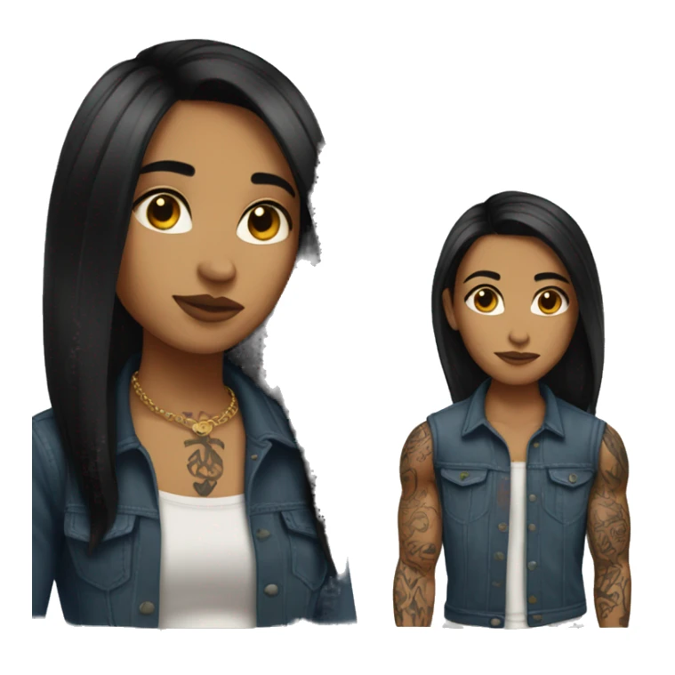 Straight  shoulder length dark hair and tattoos .  sticker