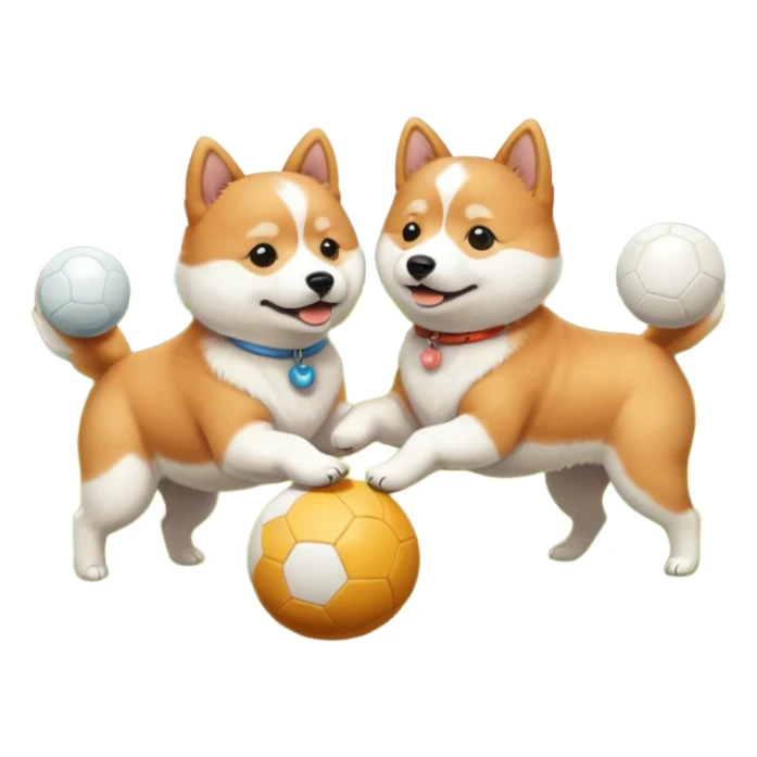 2 dogs, one ginger shiba inu and one white coton de tulear, playing with a ball in a sunny garden sticker