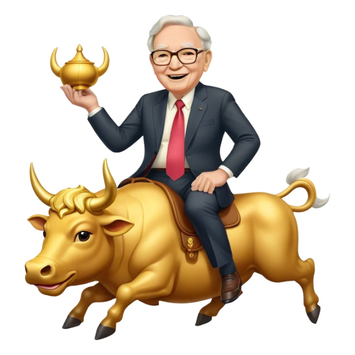 happy Warren Buffet riding golden bull sticker
