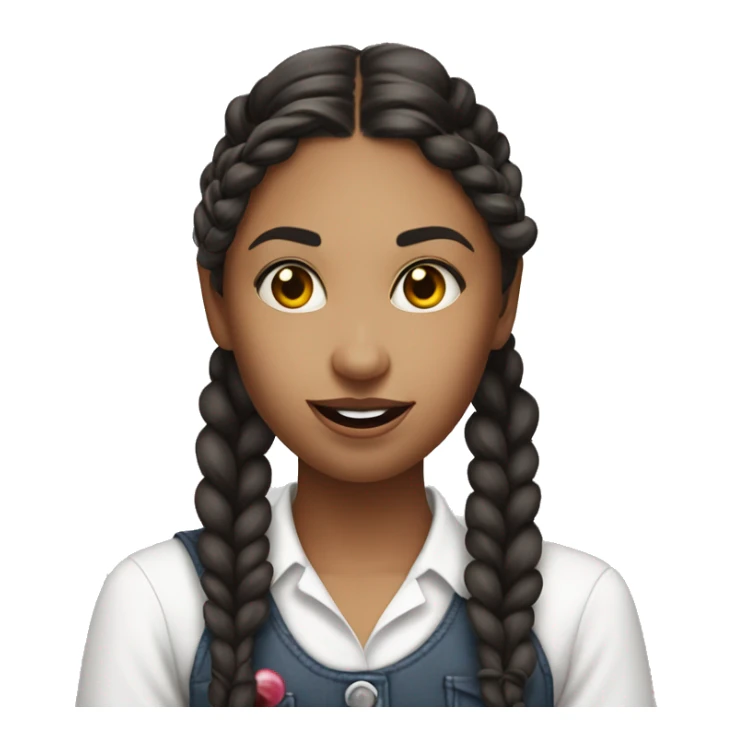 This image is a young woman. She has long, dark hair styled in two braids, one over each shoulder. A white lollipop stick is hanging out of the right side of her mouth, with the candy part out of view. She is wearing a white shirt sticker
