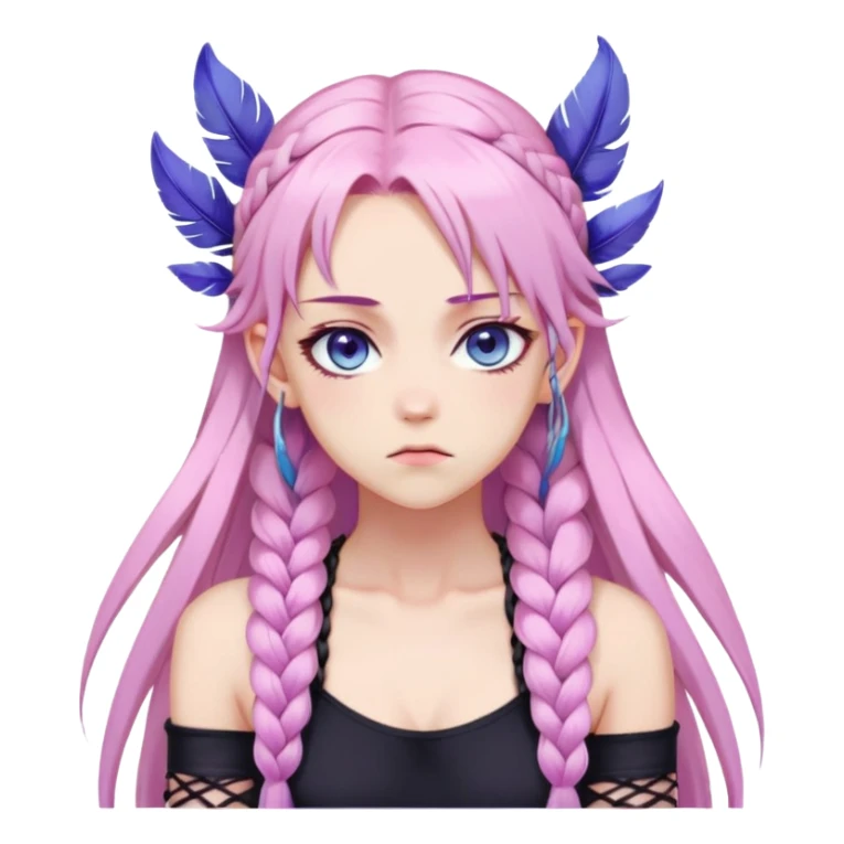 Gorgeous anime lady long-pale-pastel-pink-hair with one braid on each side, grumpy expression, purple-pink feather-ear-cuffs in hair, black bodysuit, blue eyes, pink iris, ethereal, fashion aesthetic, colorful sticker