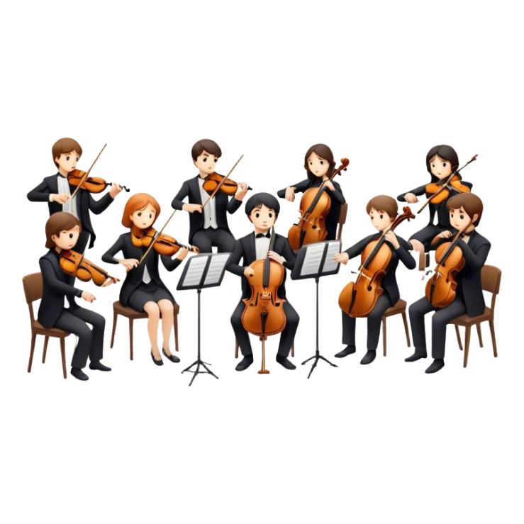 Icon for Classical Music: chamber orchestra with 4-5 musicians playing string instruments (violins, violas, cellos) and a conductor leading the ensemble. The intimate, refined atmosphere. Transparent background. sticker