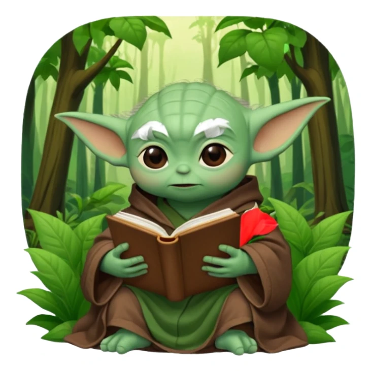 Baby Yoda con su tunica chocolate leyendo en un bosque sticker