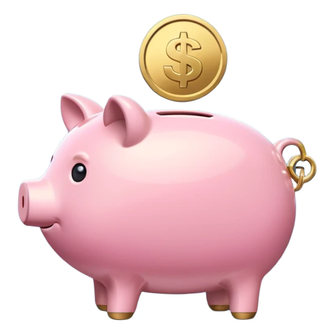 A clean and simple emoji-style icon: A stylized piggy bank with a coin dropping into it from above. Next to or slightly behind the piggy bank, a small shield symbolizing security and protection. Minimal details, rounded shapes, bright flat colors, consistent with standard emoji design. sticker