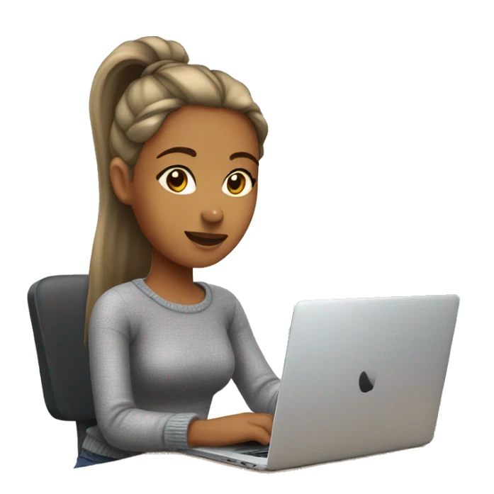 Woman with ponytail and gray sweater sitting at table with Apple laptop sticker