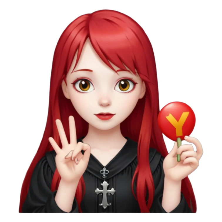 a gothic girl with long red hair and bangs holding a lucky sign sticker