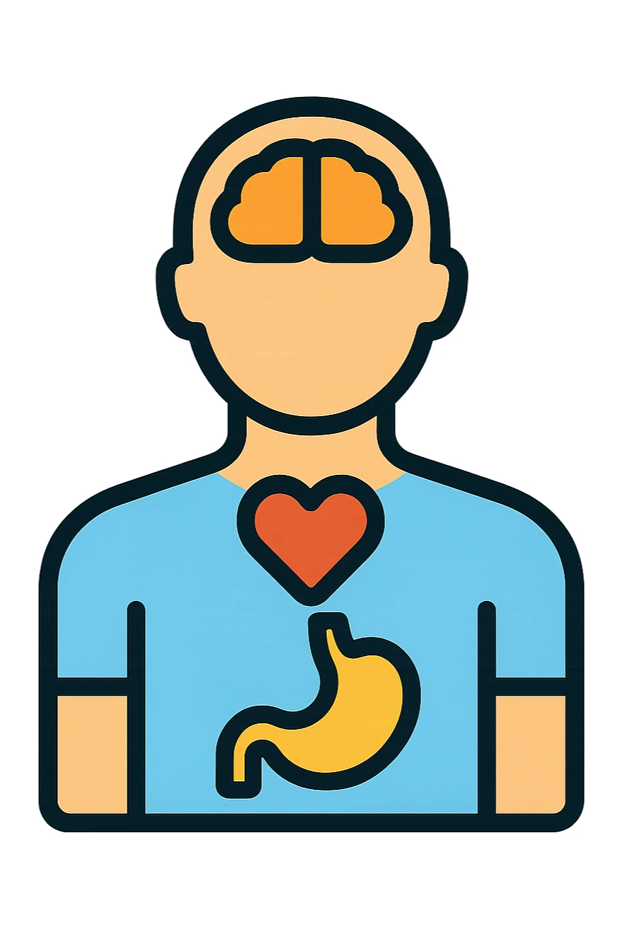 human silhouette with highlighted organs heart stomach head, clear outlines, strong shadows and highlights, psychosomatics and psychology theme, fun and not too complex sticker