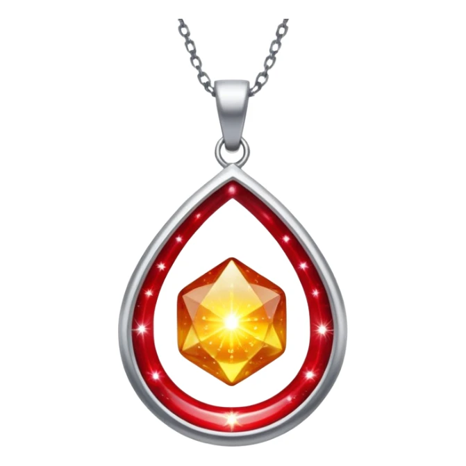 cosmic talisman: red-yellow glowing pendant, liquid silver chain, stardust particles sticker