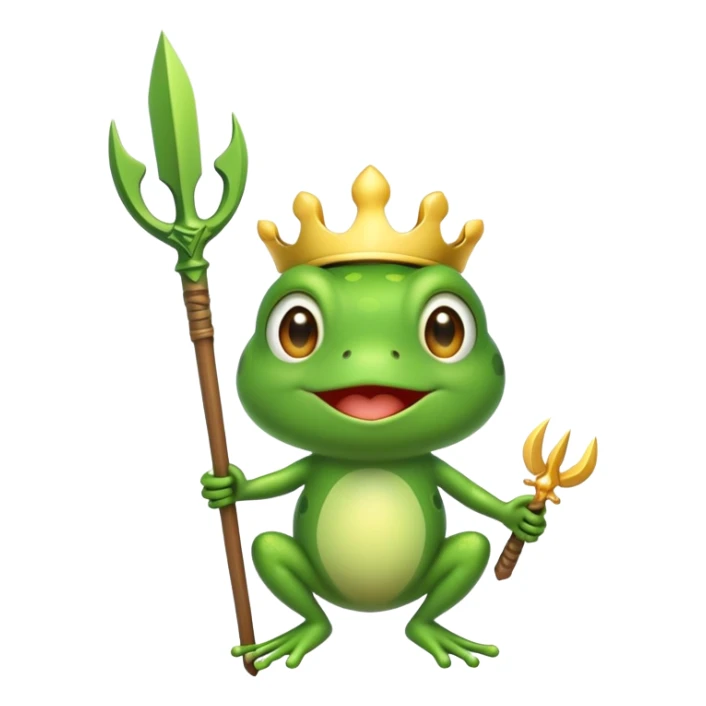 Create a cute frog emoji holding a small Ukrainian trident (tryzub), with a happy expression, in a cartoon style. sticker