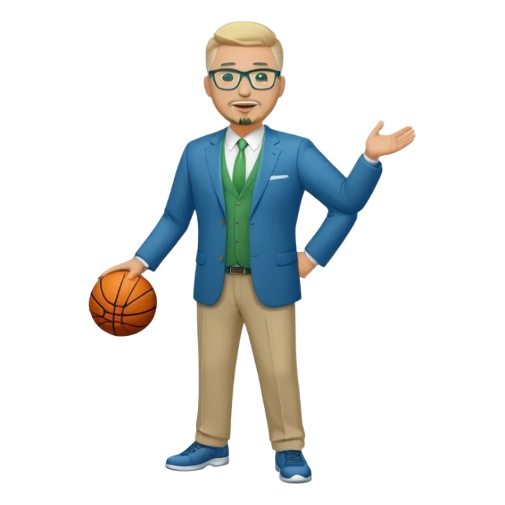 Full Body white male plus size wearing glasses with a goatee with light blonde and gray very short hair happy basketball head Coach in blue and green suit sticker