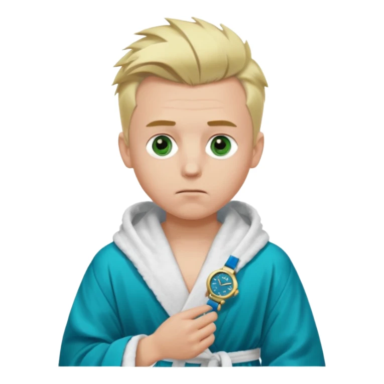 A white man with green eyes, medium-length blond hair in a low mohawk, wearing a blue Cartier watch on his wrist and a luxurious black and white bathrobe, appearing to be about 14 years old, with messy hair and a white pacifier in his mouth. sticker