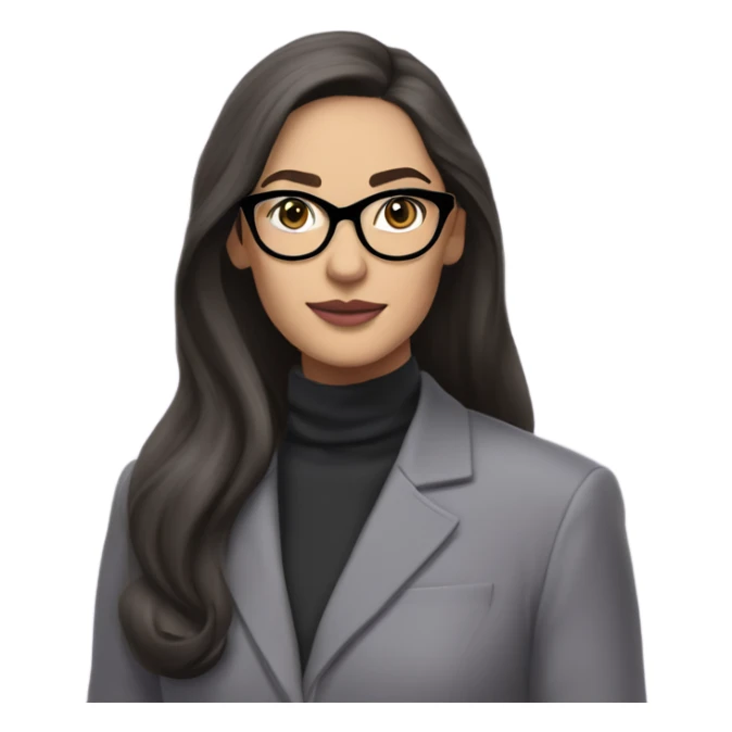 Tv show young full bodied Diana Prince wearing grey suit with silk voile purple turtleneck and black eyeglasses, long flowing hair  sticker