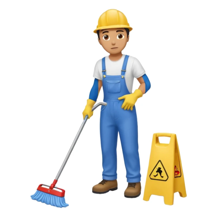 Custodian with yellow rubber gloves, white T-shirt, blue overalls, mopping floor sticker