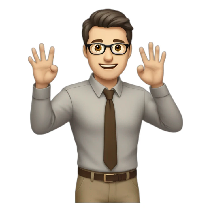 To belt Actively gesturing with hands Pale skinned fit man teacher with dark brown hair in gray jacket, beige office shirt, brown tie, brown pants and vintage glasses. sticker