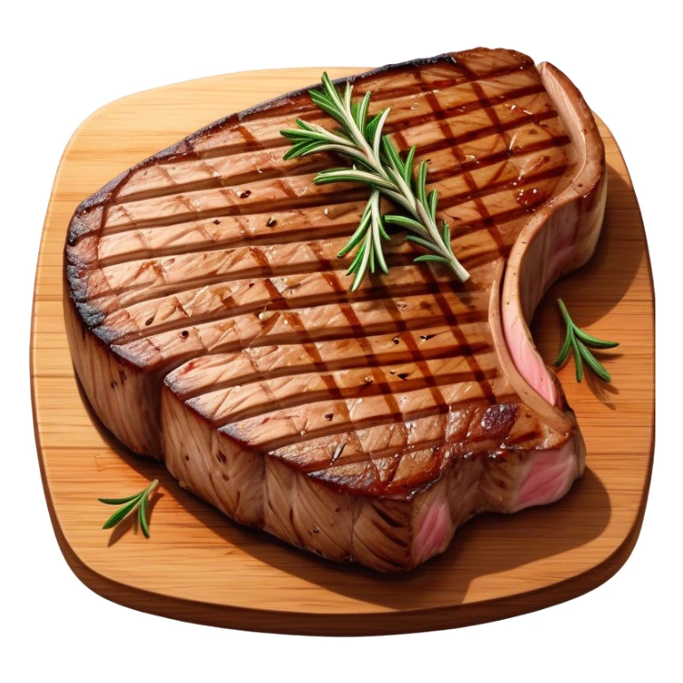 Cinematic thick-cut t-bone steak, perfectly seared with grill marks, a grilled center, rich and savory, warm glow, sizzling and mouthwatering, highly detailed and appetizing. sticker