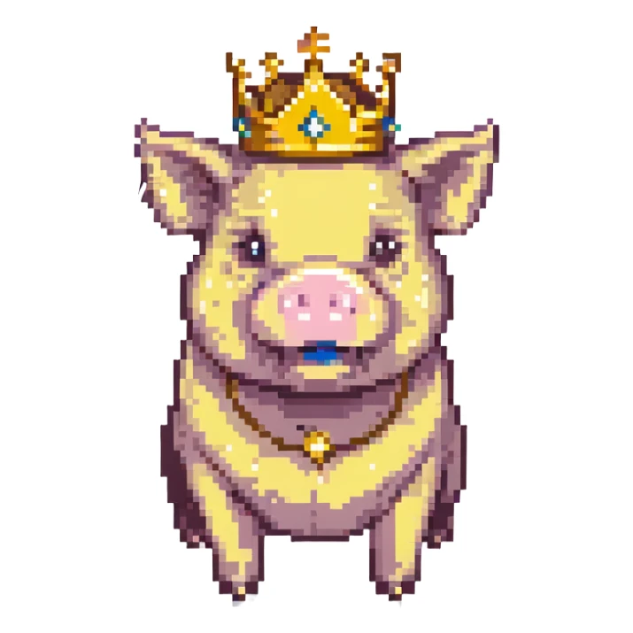 a pig with a golden crown, pixel art style, facing forward sticker
