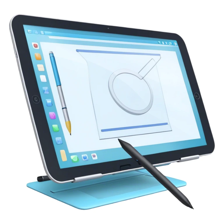 Create an emoji for 3D visualization and modeling. Show a large graphic tablet with a stylus drawing in a 3D modeling program. The 3D model on the screen should appear to protrude out of the screen. Use modern, professional colors. Make the background transparent. sticker