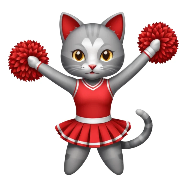 A sleek grey cat cheerleader twirling pom-poms with confident energy. sticker