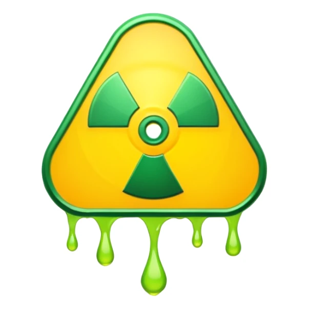radioactive hazard symbol stylized to look like it is melting. The symbol is bright neon green and toxic yellow, with smooth dripping edges like liquid. sticker