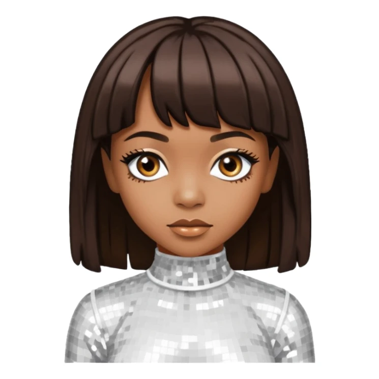 Left Eye from TLC with medium dark brown hair, white sequin outfit sticker