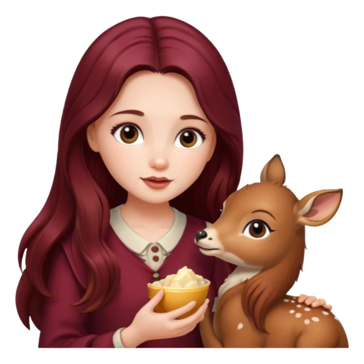 Beautiful burgundy long haired girl feeding baby deer sticker