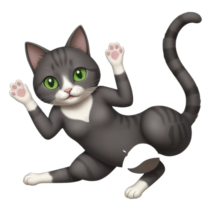 beautiful female solid dark grey cat with green eyes, white toes/paws and white patch on her chest playfully rolling upside down sticker