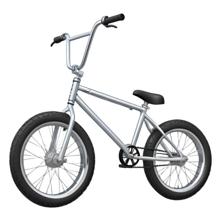 BMX bike with chrome frame, side view, small wheels with fat tires, high rise handlebars, pegs on axles, iOS emoji style sticker