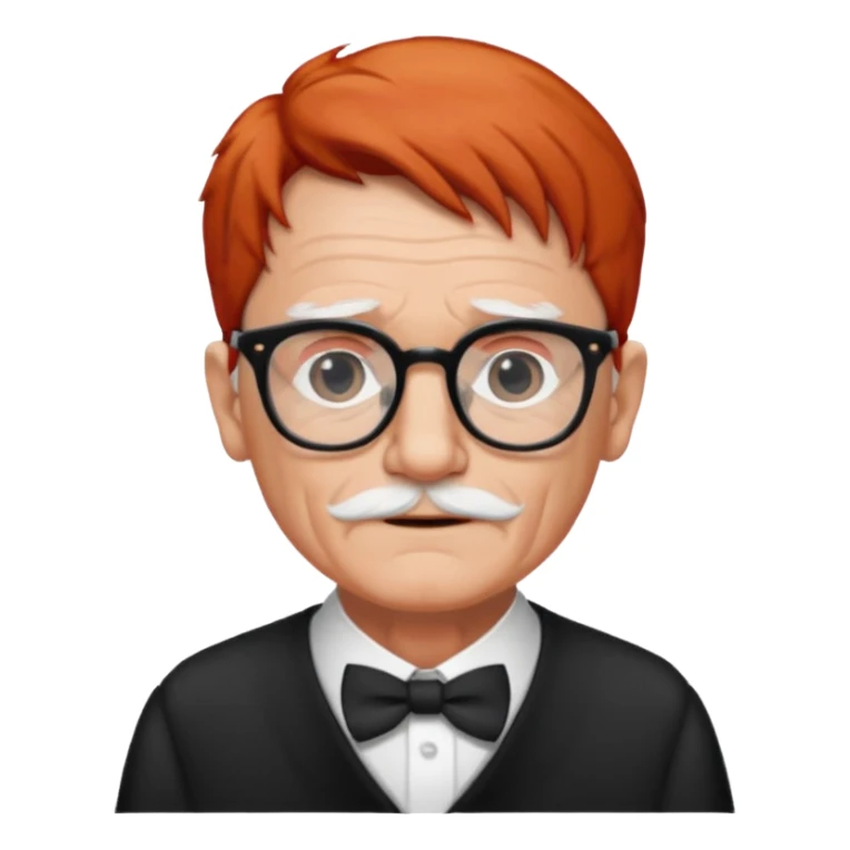 red-haired old man wearing glasses and black-white dress code sticker