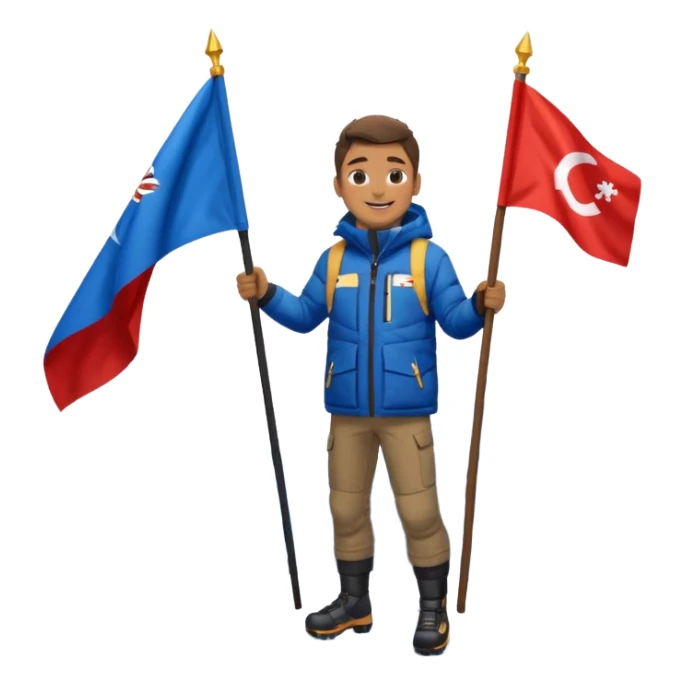 smiling man on a mountain peak with snow, holding a flag, the mountain is clearly visible under his legs sticker