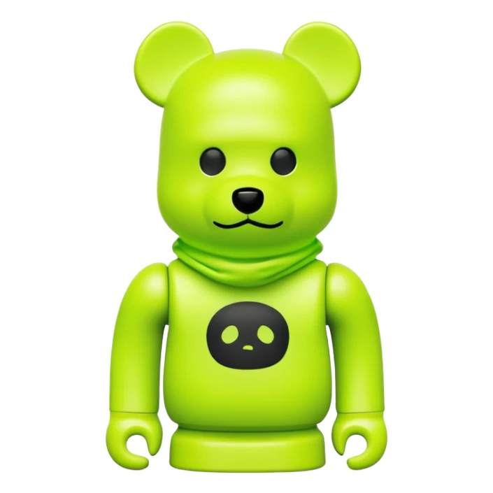bearbrick toy wearing a neon lime green balaclava with a small black logo sticker