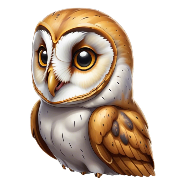 Cinematic Comical Barn Owl Portrait Emoji, Head tilted dramatically with an exaggeratedly amused expression, featuring a striking mottled plumage with bold contrasts, wide, expressive amber eyes filled with playful disbelief, Simplified yet hilariously expressive features, highly detailed, glowing with a slightly sassy glow, high shine, dramatic yet playful, stylized with an air of cheeky nocturnal mischief, bright and endearing, soft glowing outline, capturing the essence of a spirited and over-the-top owl, so meme-worthy it feels like it could hoot its way into internet fame instantly! sticker