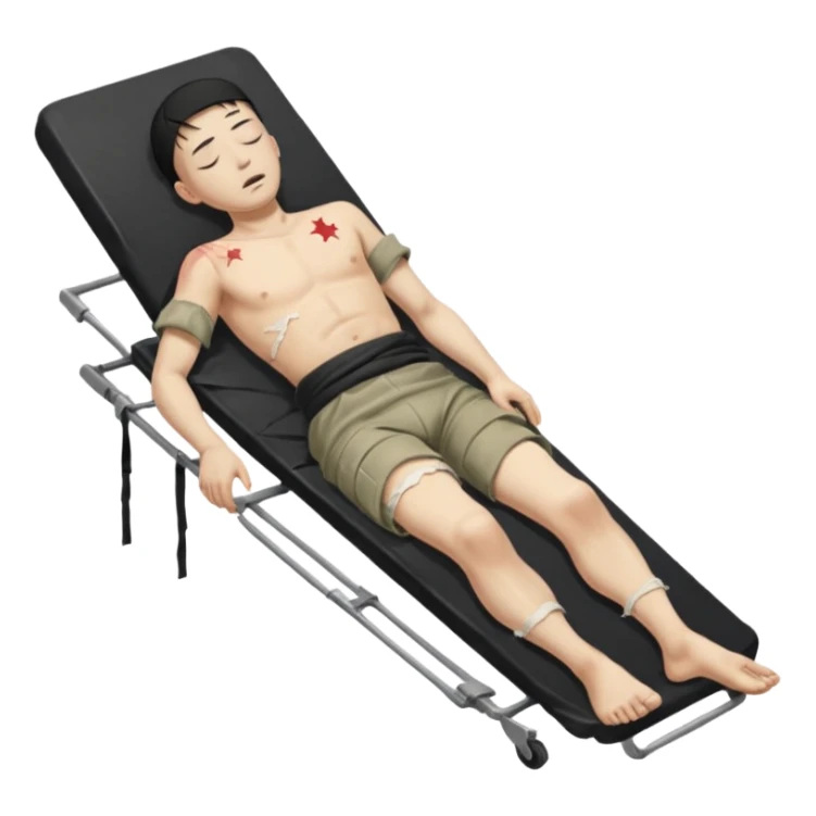 wounded man of oriental appearance, dressed in torn clothes, full length, with closed eyes, head lying on stretcher, in prone position, with injuries on black military stretcher, 1980 sticker