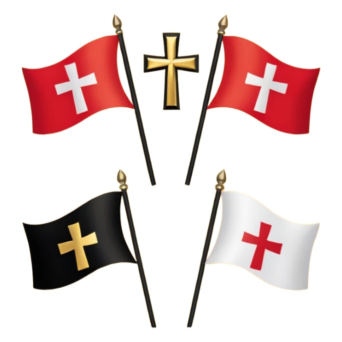 Flags: There are four flags, two on the top and two on the bottom, in the black and gold (yellow) quarters. Each flag features a gold Coptic cross.: In the center, there is a white shield or banner with a red eagle or bird, 
 sticker