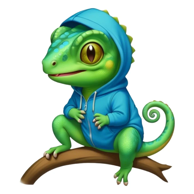 Chameleon wearing hoodie with smile faces sticker
