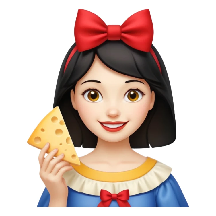  smiling Snow White with red bow holding triangle wedge of cheese sticker