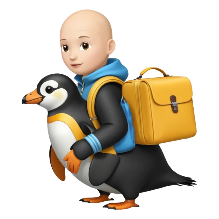 Una persona, vestida con ropa característica de peru sin pelo montado a espaldas de un pingüino con una bolsa de la empresa de reparto glovo en la espalda sticker