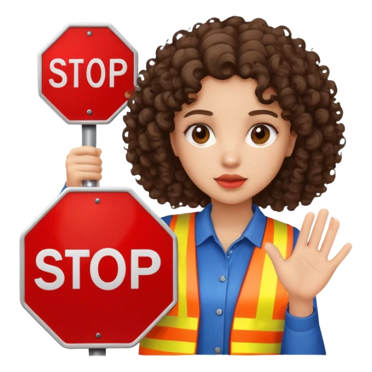 brunette girl with curly hair holding a stop sign sticker
