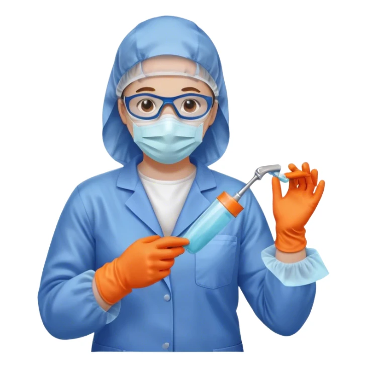 A meticulous cleanroom worker dressed in full protective gear, including a blue sterile suit, a face mask,  and orange gloves.  cleaning glasses with a wipe in one Hand sticker