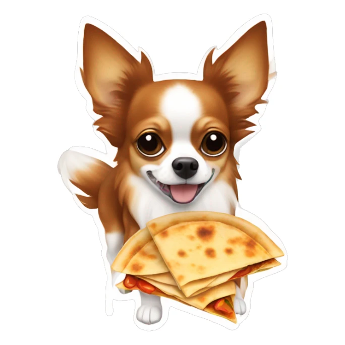 Long-haired reddish brown Chihuahua with white markings eating quesadilla sticker