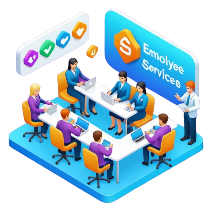 isometric, image of employee services, case management, crew operations integrating together as processes and systems sticker