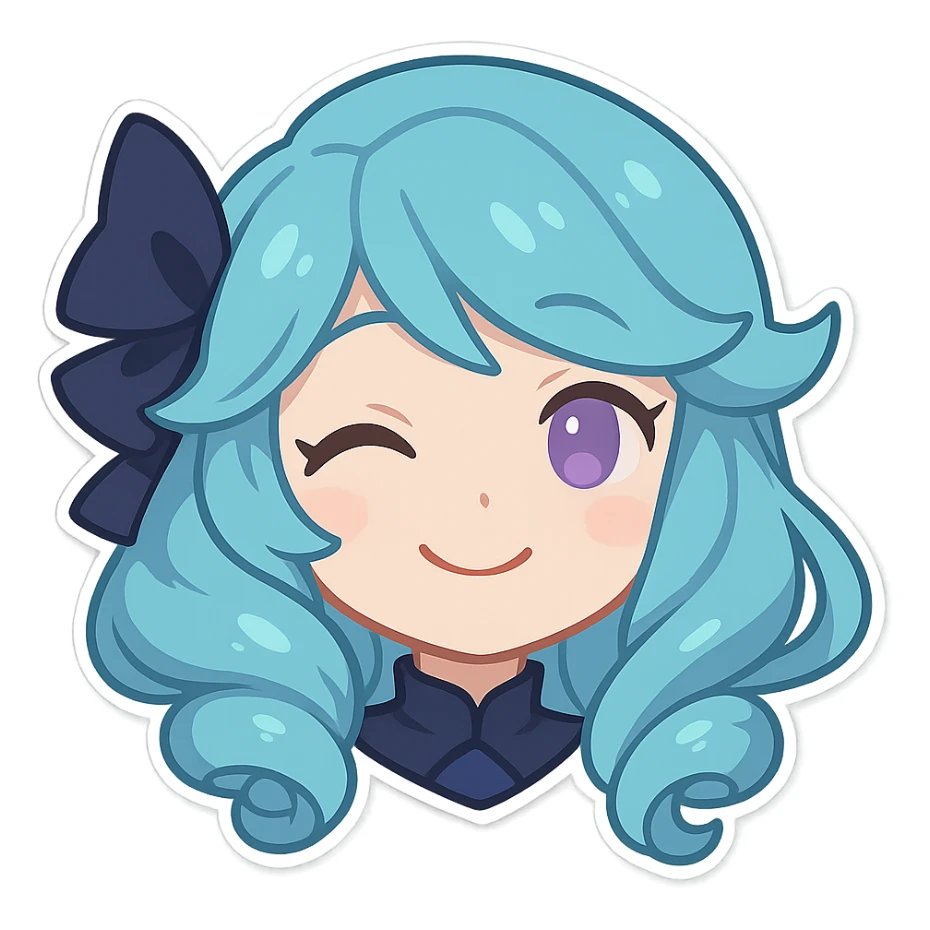 Gwen from League of Legends, happy expression, head only, right eye is purple, chibi style, eyes closed sticker